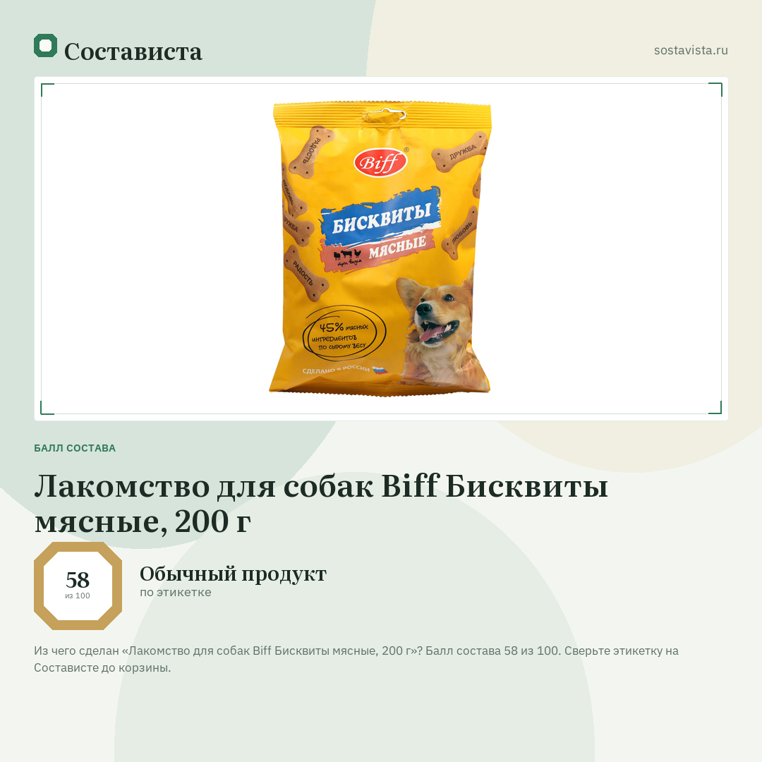 Лакомство для собак Biff Бисквиты мясные, 200 г: балл состава 58 из 100 — Состависта