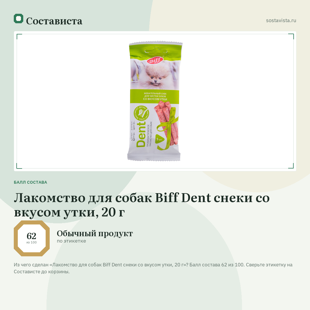 Лакомство для собак Biff Dent снеки cо вкусом утки, 20 г: балл состава 62 из 100 — Состависта