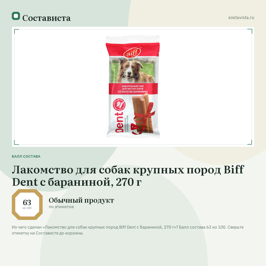 Лакомство для собак крупных пород Biff Dent с бараниной, 270 г: балл состава 63 из 100 — Состависта
