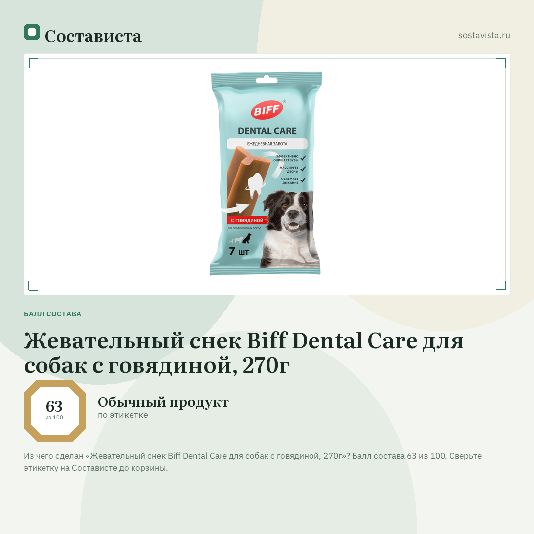 Жевательный снек Biff Dental Care для собак с говядиной, 270г: балл состава 63 из 100 — Состависта