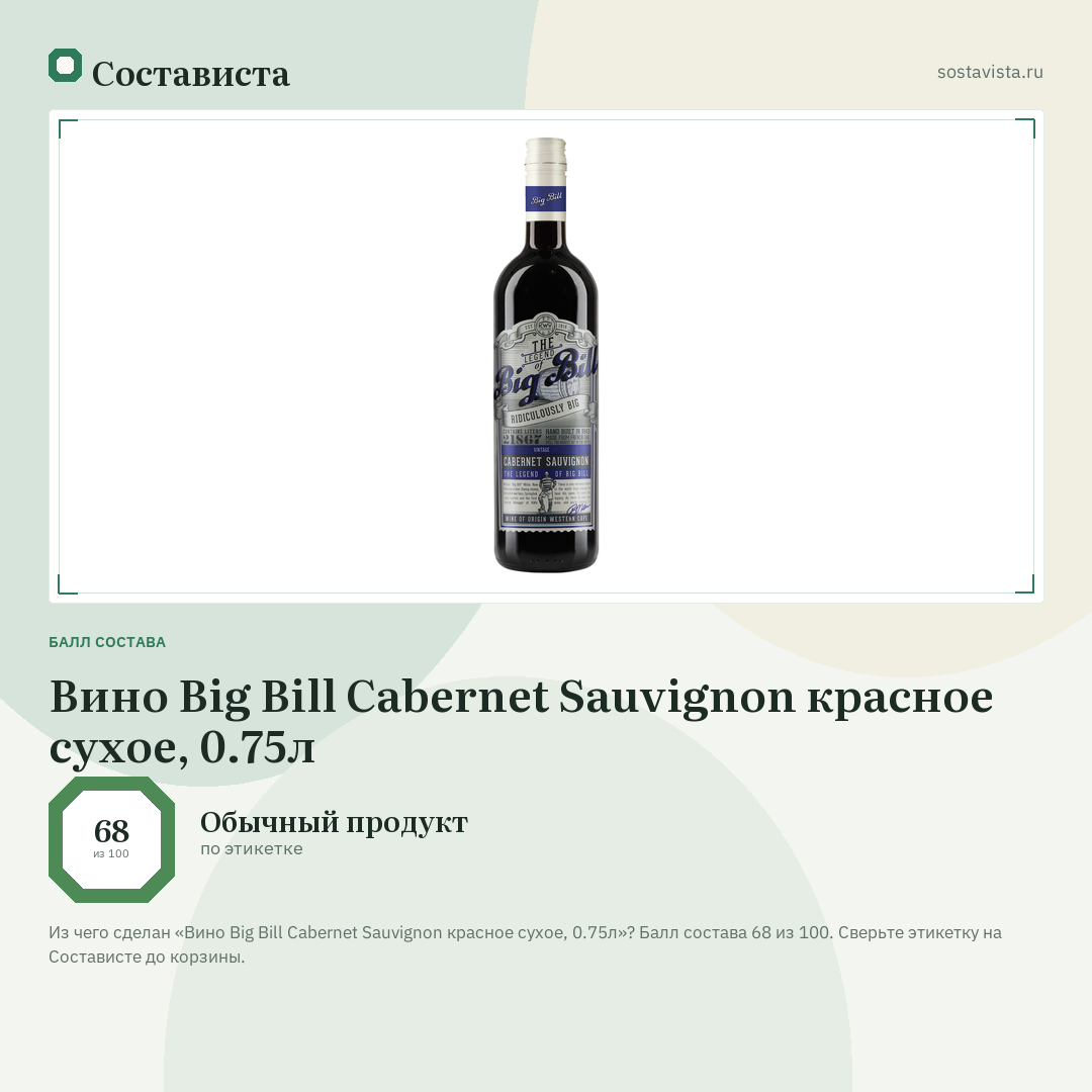 Вино Big Bill Cabernet Sauvignon красное сухое, 0.75л: балл состава 68 из 100 — Состависта