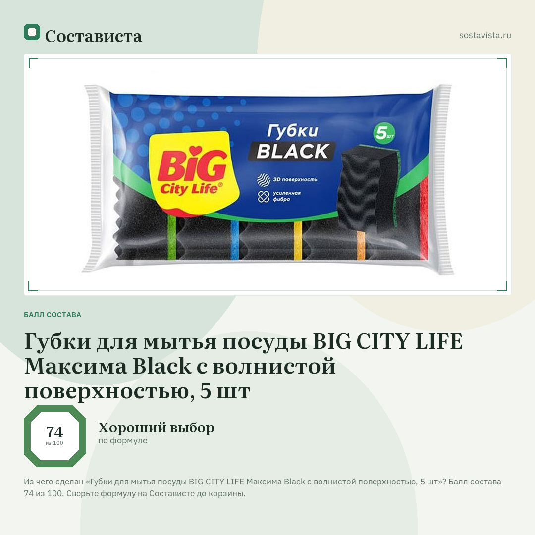 Губки для мытья посуды BIG CITY LIFE Максима Black с волнистой поверхностью, 5 шт: балл состава 74 из 100 — Состависта