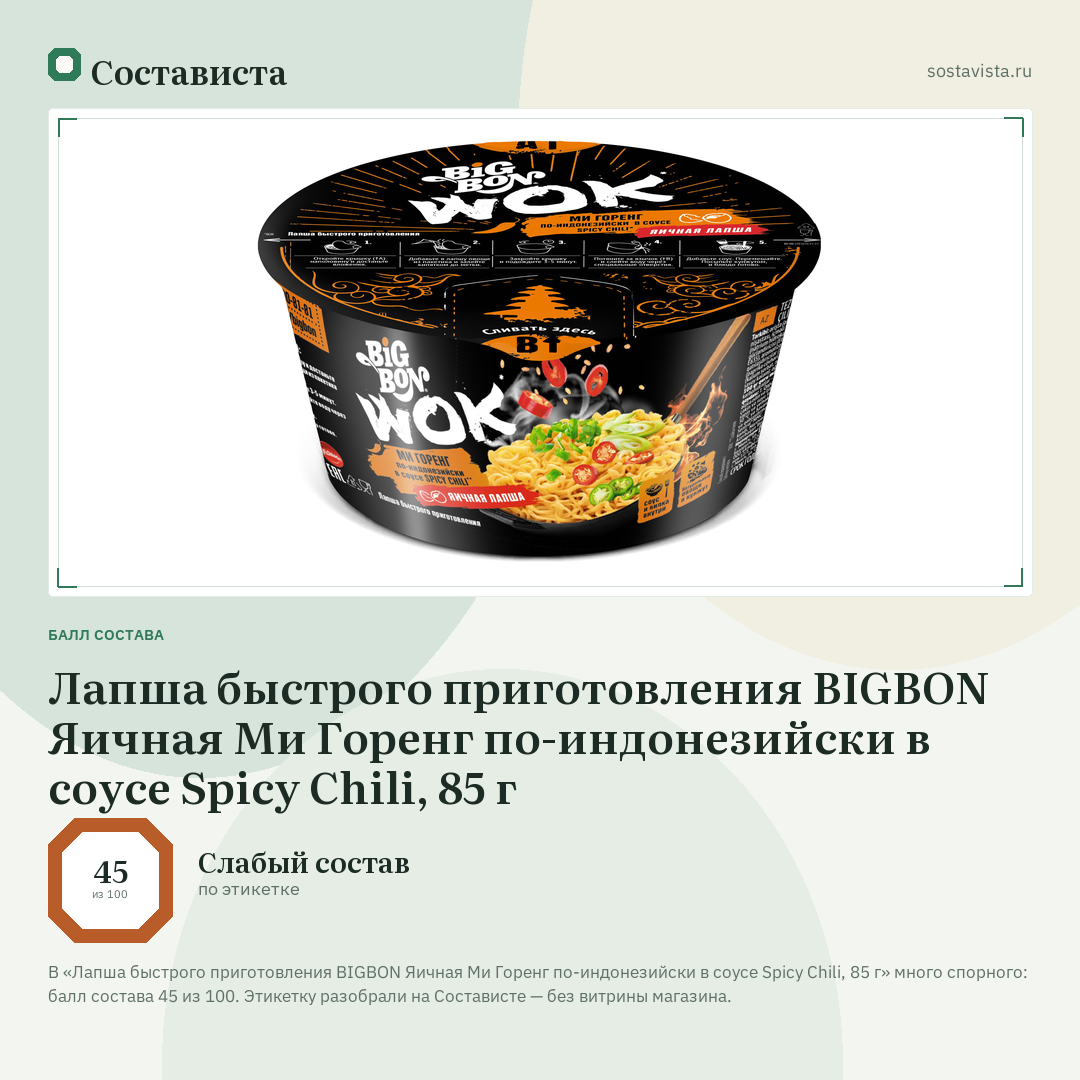 Лапша быстрого приготовления BIGBON Яичная Ми Горенг по-индонезийски в соусе Spicy Chili, 85 г: балл состава 45 из 100 — Состависта