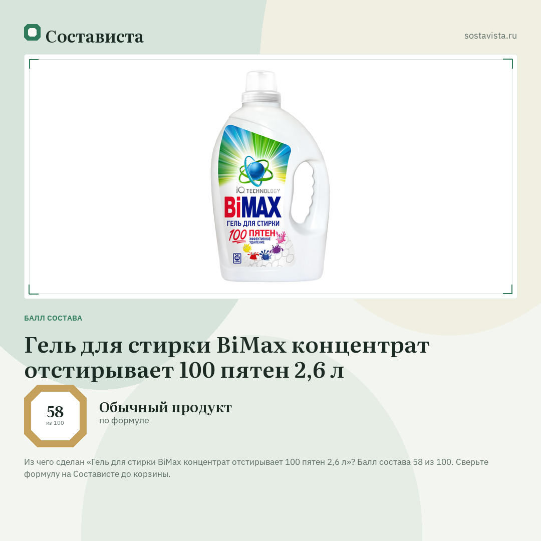 Гель для стирки BiMax концентрат отстирывает 100 пятен 2,6 л: балл состава 58 из 100 — Состависта