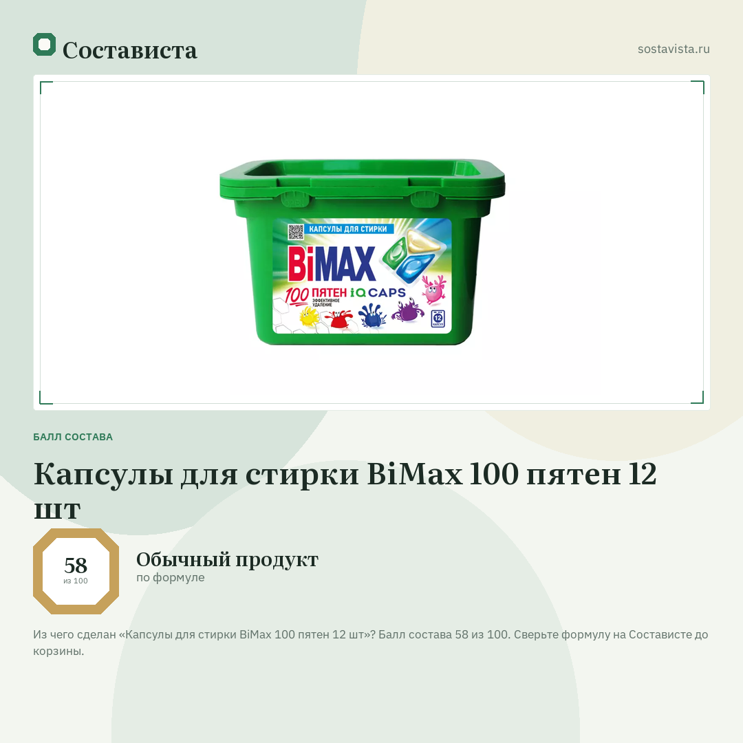 Капсулы для стирки BiMax 100 пятен 12 шт: балл состава 58 из 100 — Состависта