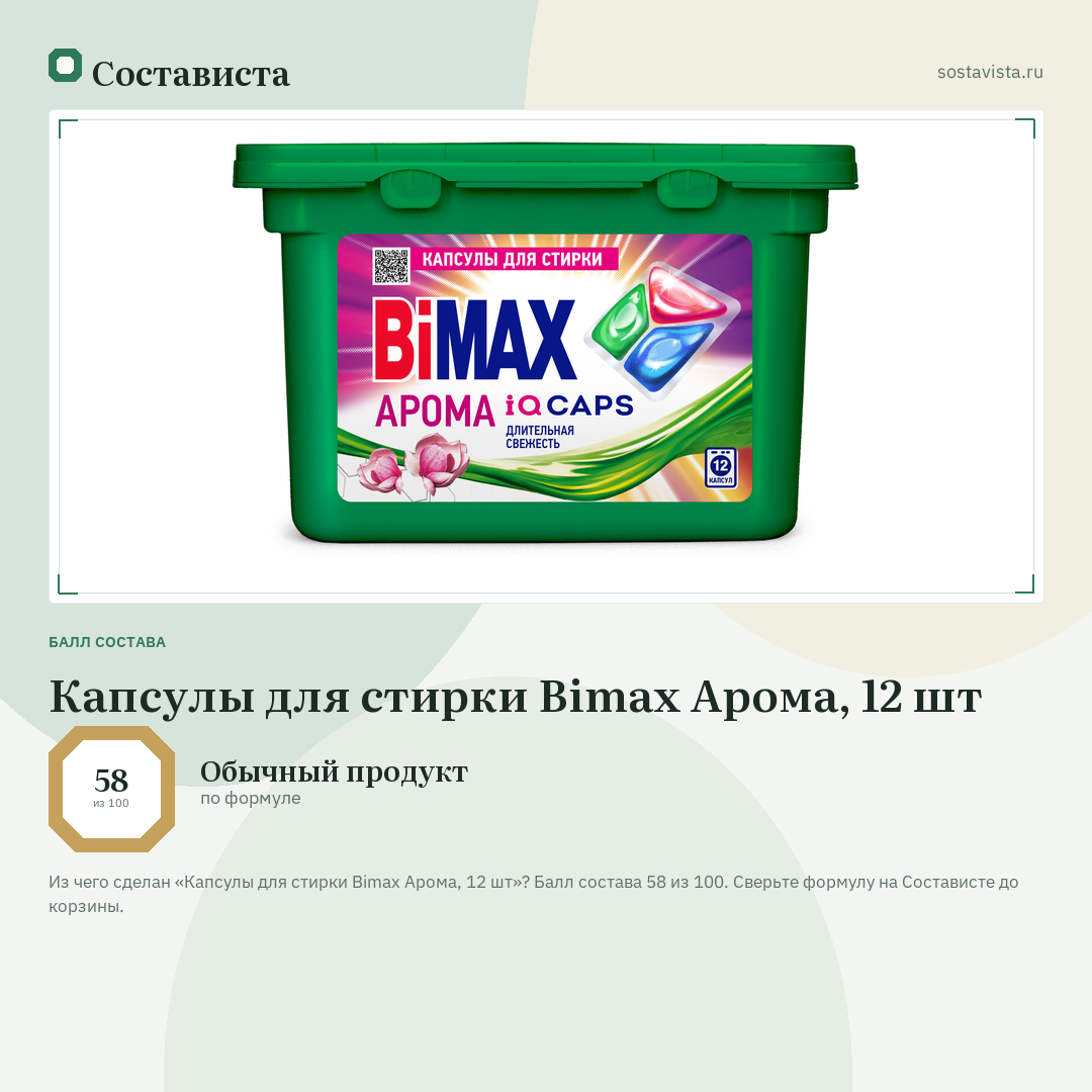 Капсулы для стирки Bimax Арома, 12 шт: балл состава 58 из 100 — Состависта