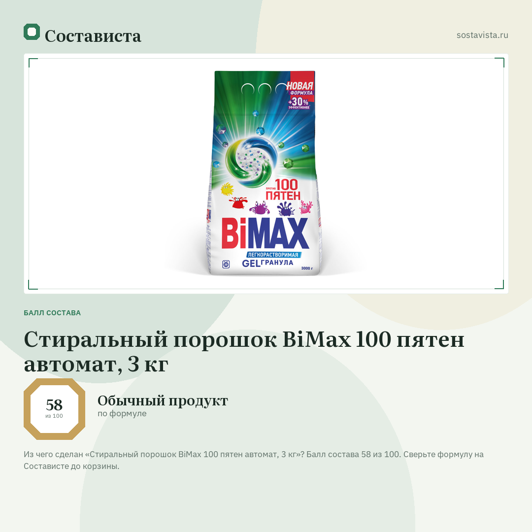 Стиральный порошок BiMax 100 пятен автомат, 3 кг: балл состава 58 из 100 — Состависта
