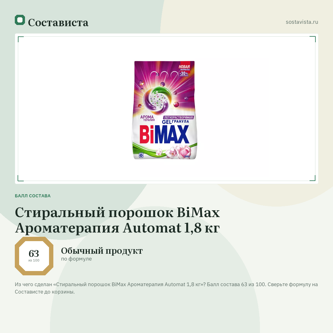 Стиральный порошок BiMax Ароматерапия Automat 1,8 кг: балл состава 63 из 100 — Состависта
