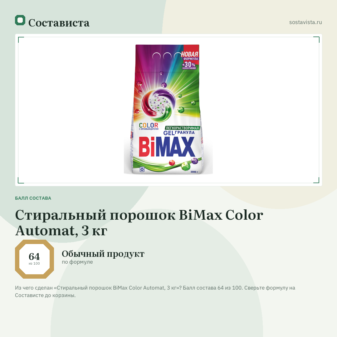 Стиральный порошок BiMax Color Automat, 3 кг: балл состава 64 из 100 — Состависта