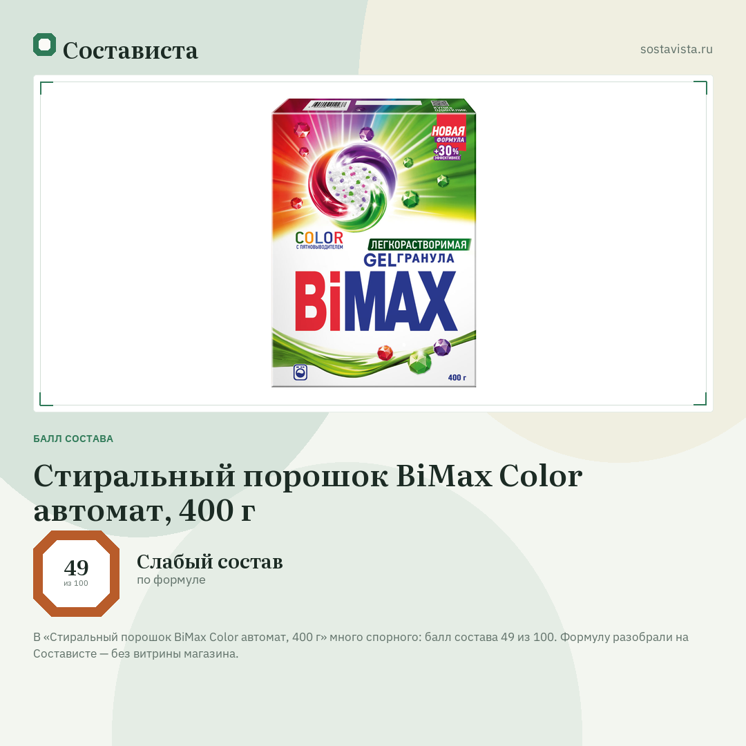 Стиральный порошок BiMax Color автомат, 400 г: балл состава 49 из 100 — Состависта
