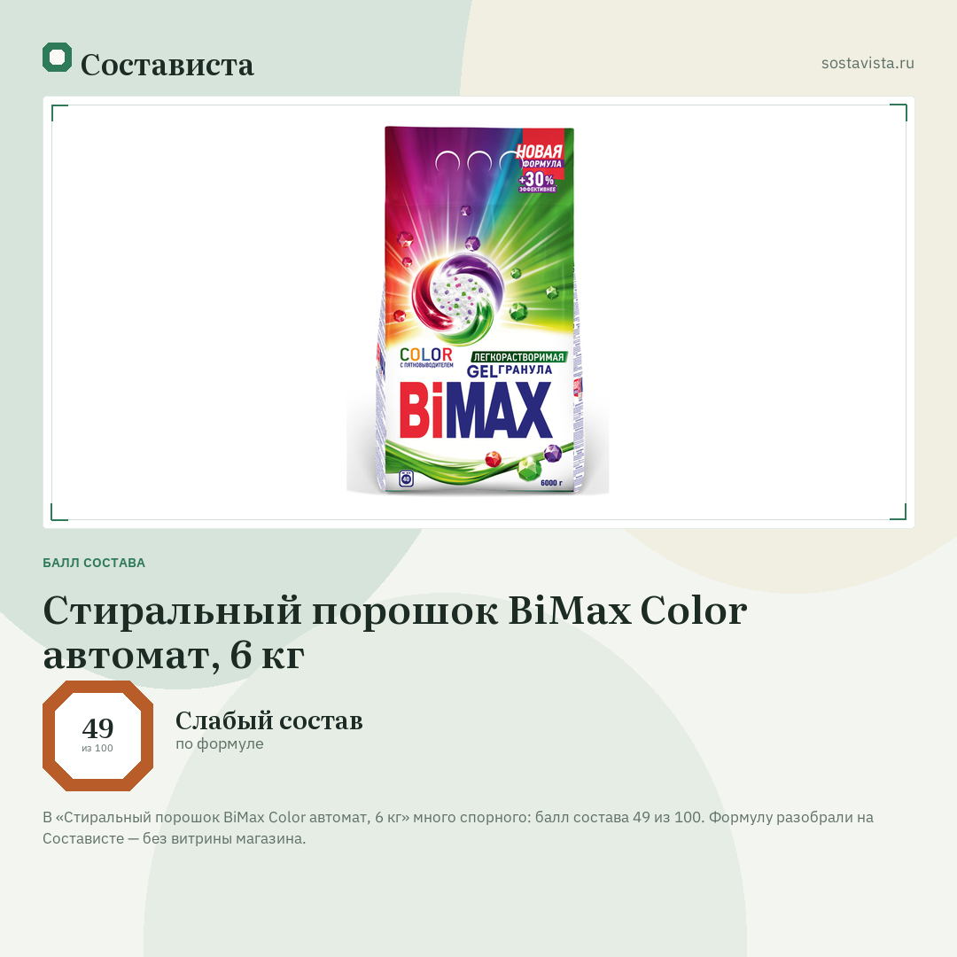 Стиральный порошок BiMax Color автомат, 6 кг: балл состава 49 из 100 — Состависта