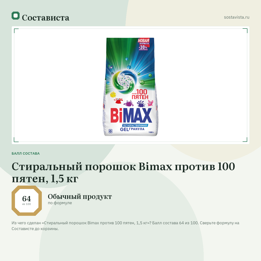Стиральный порошок Bimax против 100 пятен, 1,5 кг: балл состава 64 из 100 — Состависта