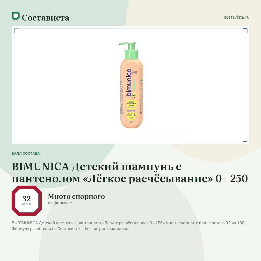BIMUNICA Детский шампунь с пантенолом «Лёгкое расчёсывание» 0+ 250: балл состава 32 из 100 — Состависта