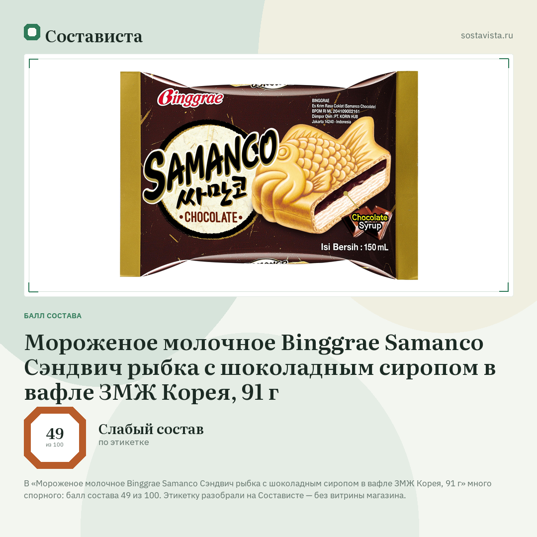 Мороженое молочное Binggrae Samanco Сэндвич рыбка с шоколадным сиропом в вафле ЗМЖ Корея, 91 г: балл состава 49 из 100 — Состависта