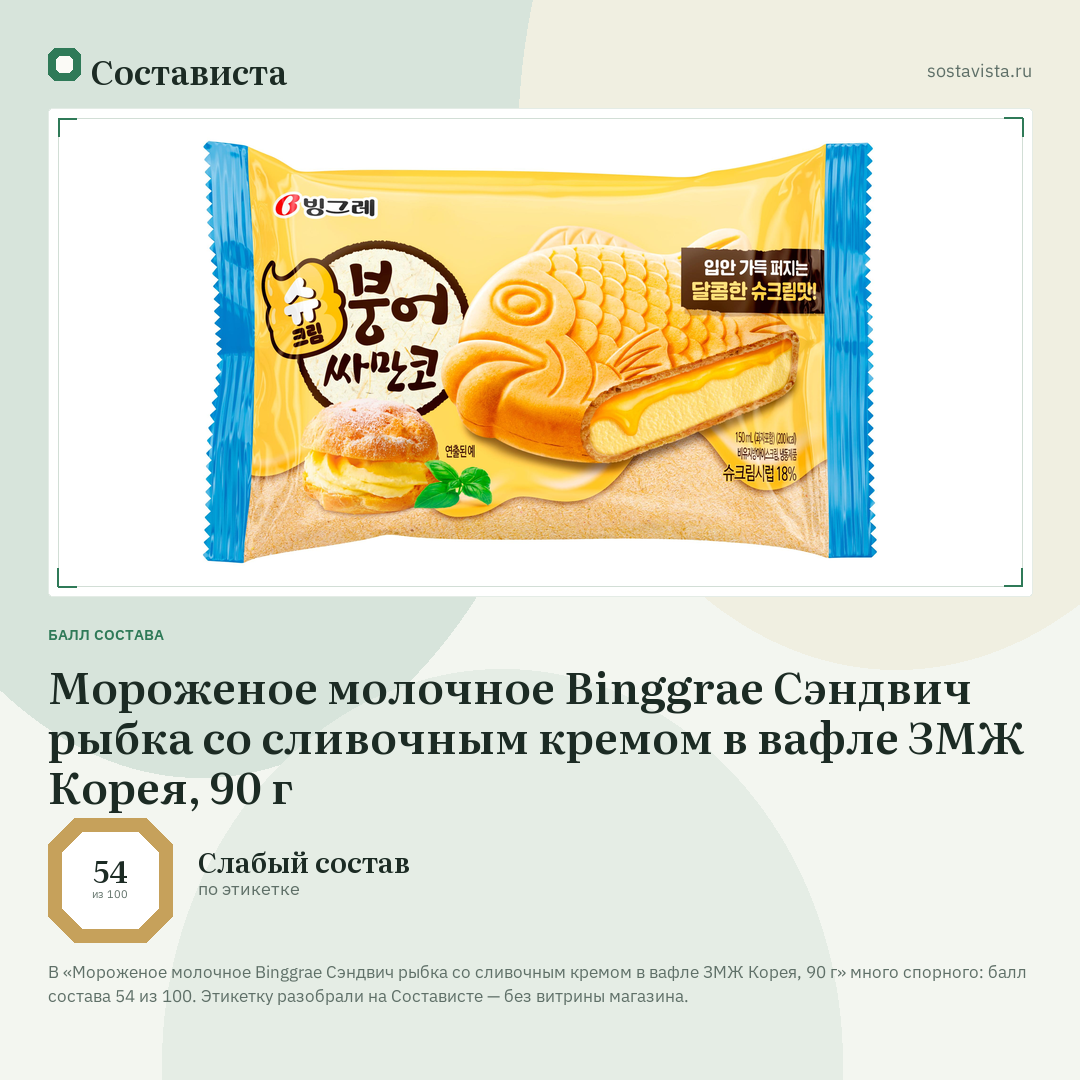 Мороженое молочное Binggrae Сэндвич рыбка со сливочным кремом в вафле ЗМЖ Корея, 90 г: балл состава 54 из 100 — Состависта