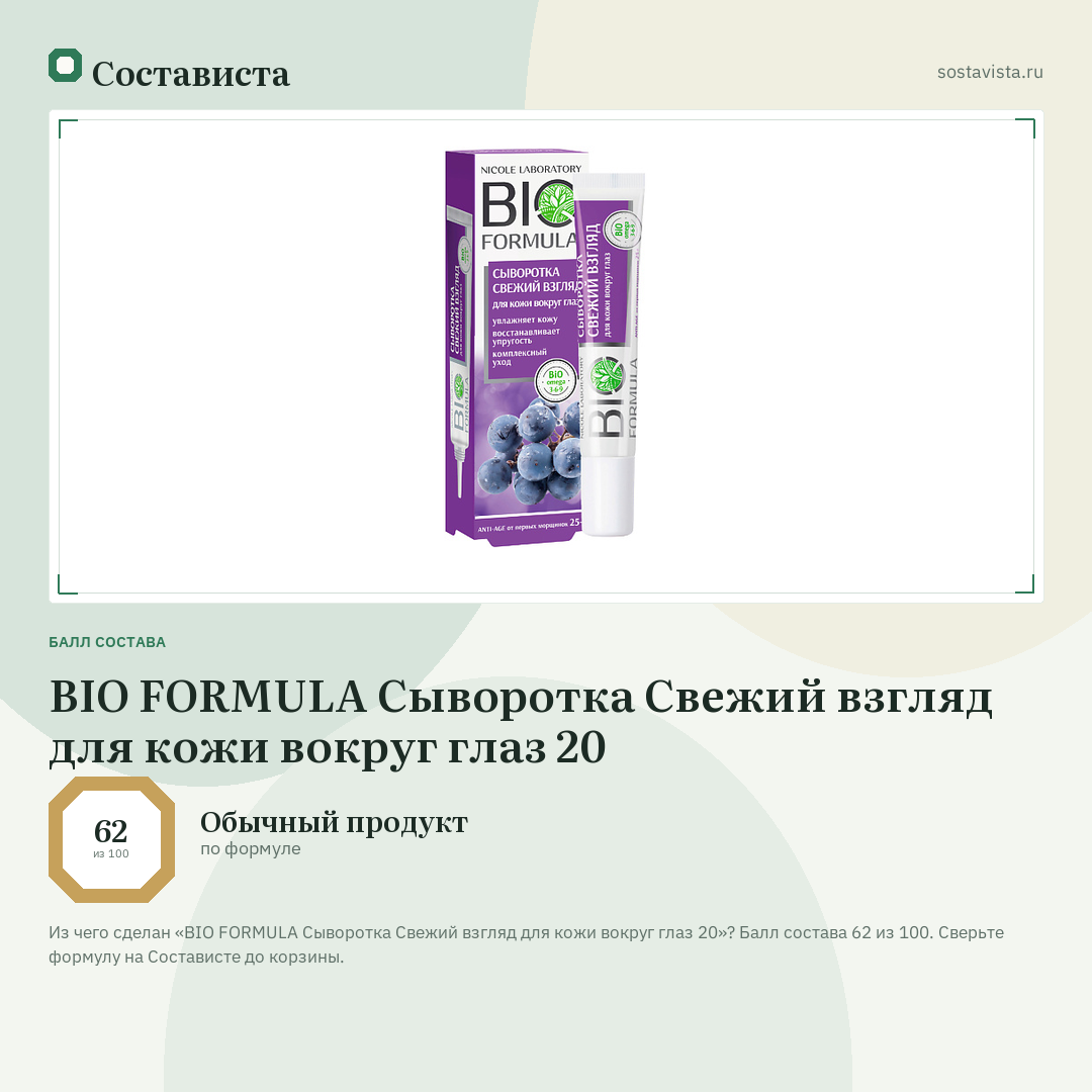BIO FORMULA Сыворотка Свежий взгляд для кожи вокруг глаз 20: балл состава 62 из 100 — Состависта