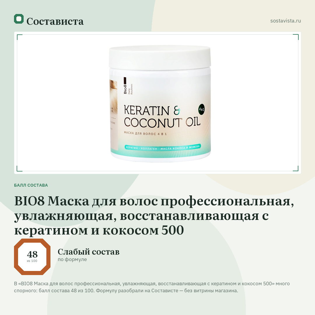 BIO8 Маска для волос профессиональная, увлажняющая, восстанавливающая с кератином и кокосом 500: балл состава 48 из 100 — Состависта