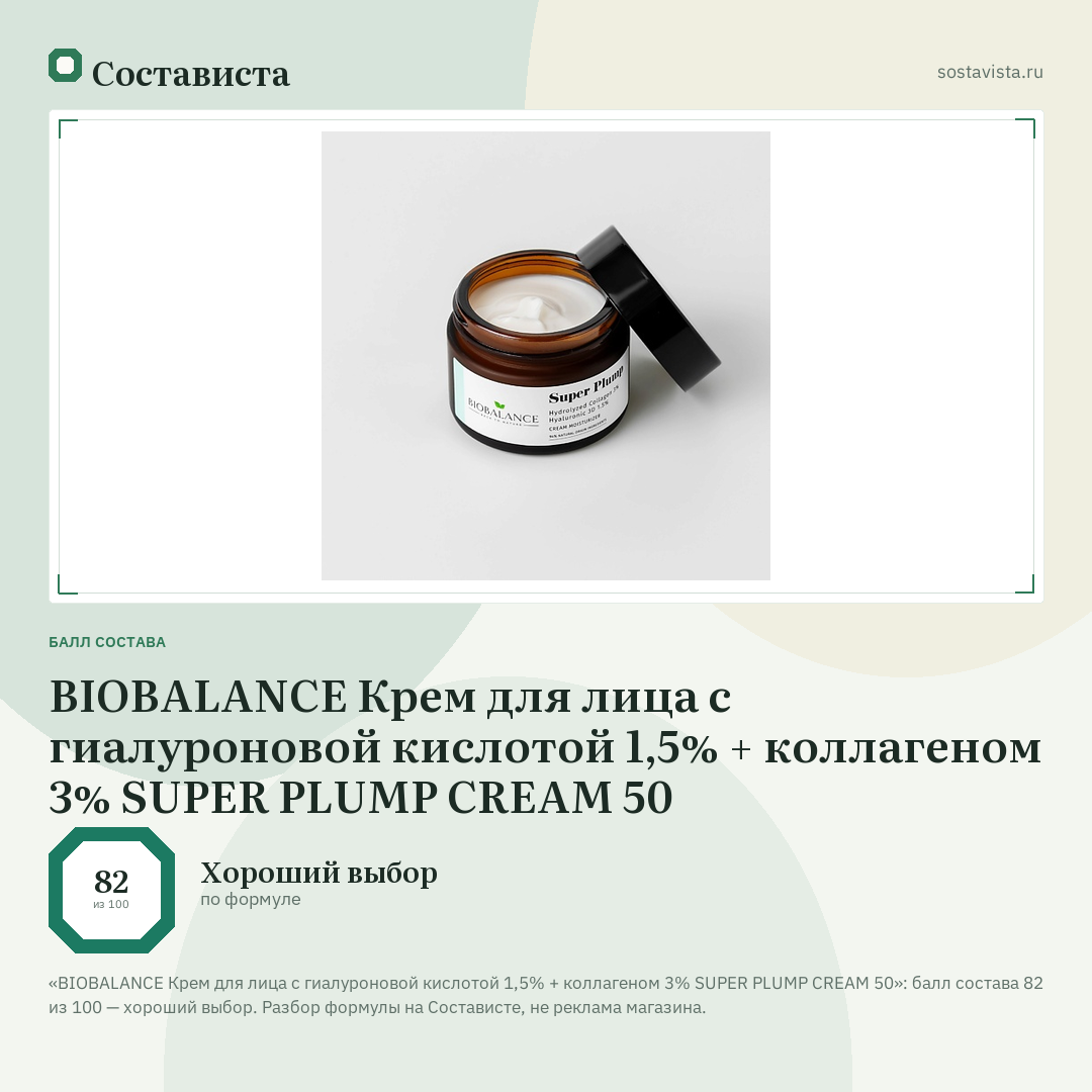 BIOBALANCE Крем для лица с гиалуроновой кислотой 1,5% + коллагеном 3% SUPER PLUMP CREAM 50: балл состава 82 из 100 — Состависта
