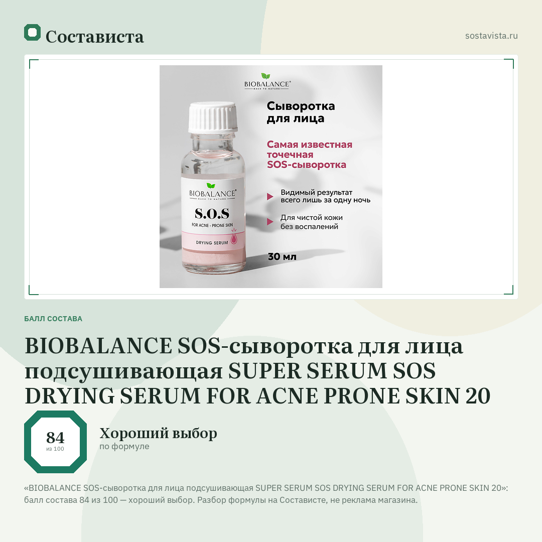 BIOBALANCE SOS-сыворотка для лица подсушивающая SUPER SERUM SOS DRYING SERUM FOR ACNE PRONE SKIN 20: балл состава 84 из 100 — Состависта