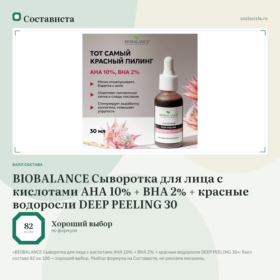BIOBALANCE Сыворотка для лица с кислотами АНА 10% + ВНА 2% + красные водоросли DEEP PEELING 30: балл состава 82 из 100 — Состависта