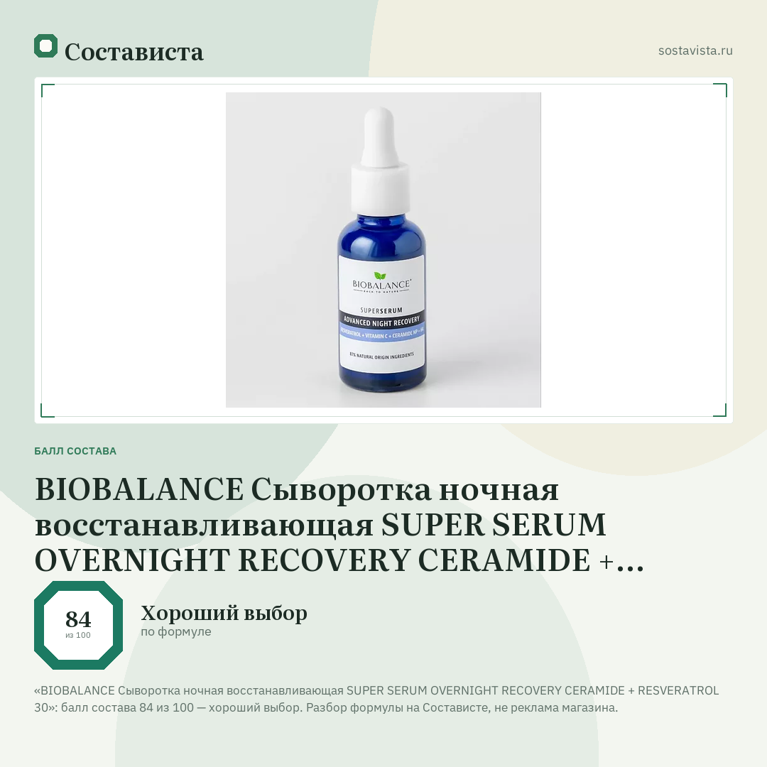 BIOBALANCE Сыворотка ночная восстанавливающая SUPER SERUM OVERNIGHT RECOVERY CERAMIDE + RESVERATROL 30: балл состава 84 из 100 — Состависта