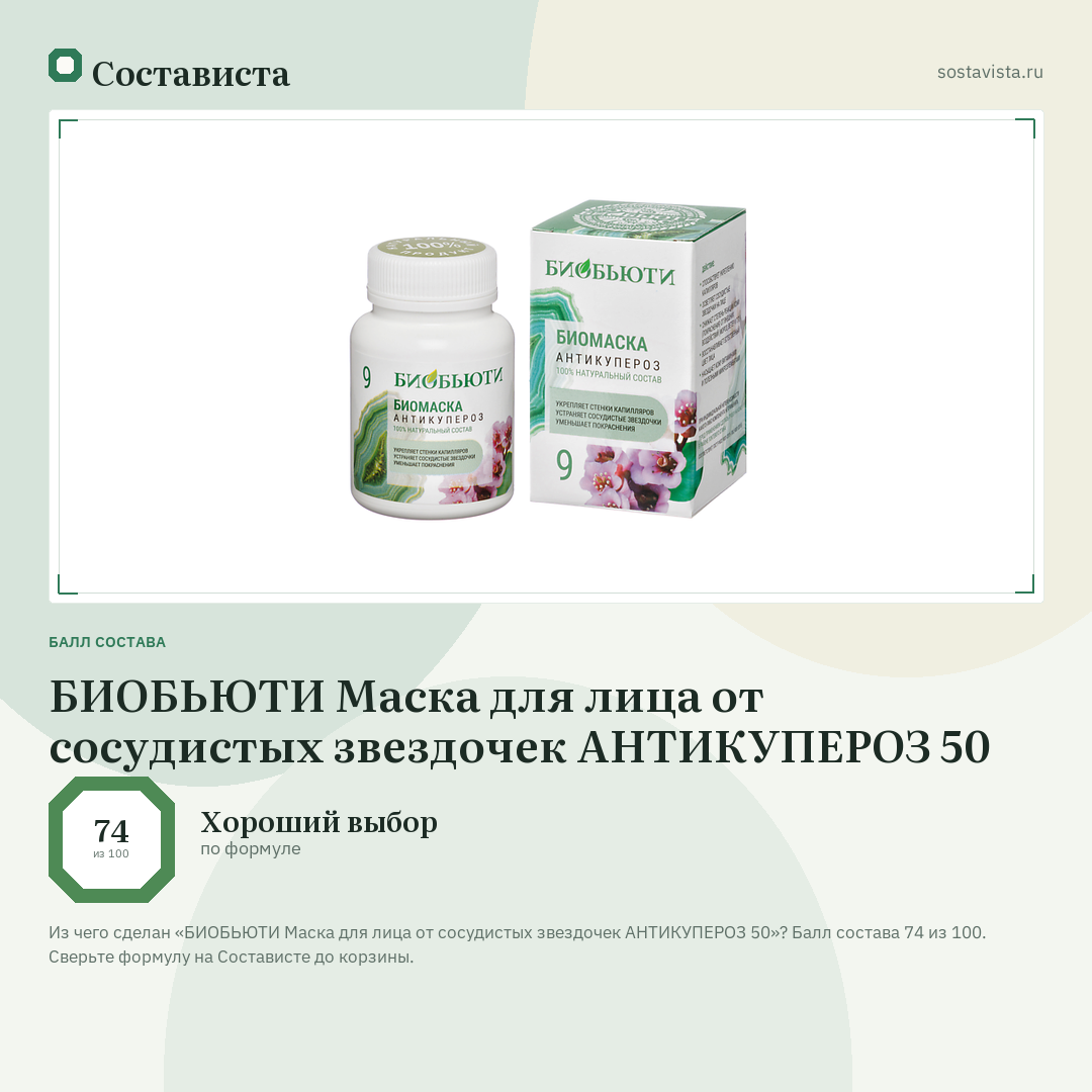 БИОБЬЮТИ Маска для лица от сосудистых звездочек АНТИКУПЕРОЗ 50: балл состава 74 из 100 — Состависта