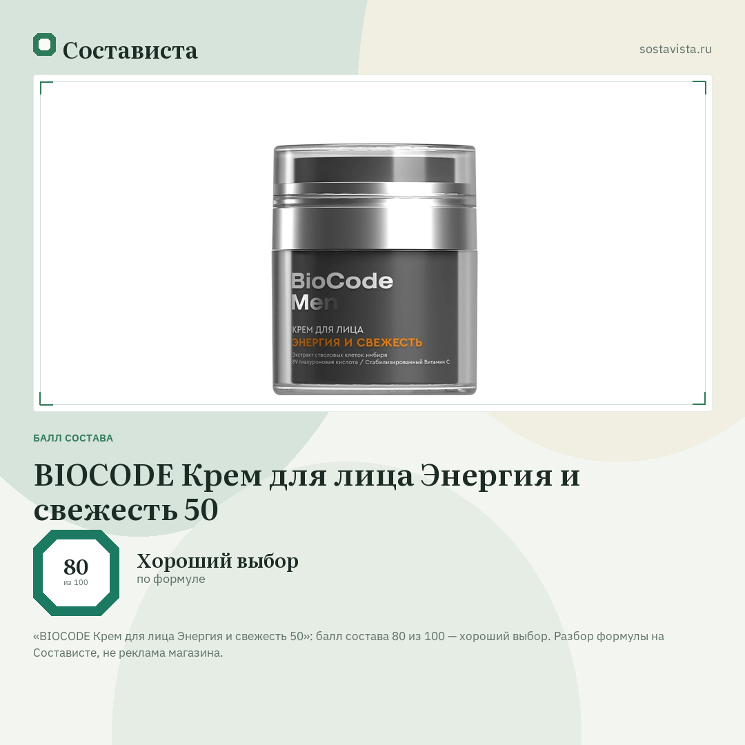 BIOCODE Крем для лица Энергия и свежесть 50: балл состава 80 из 100 — Состависта