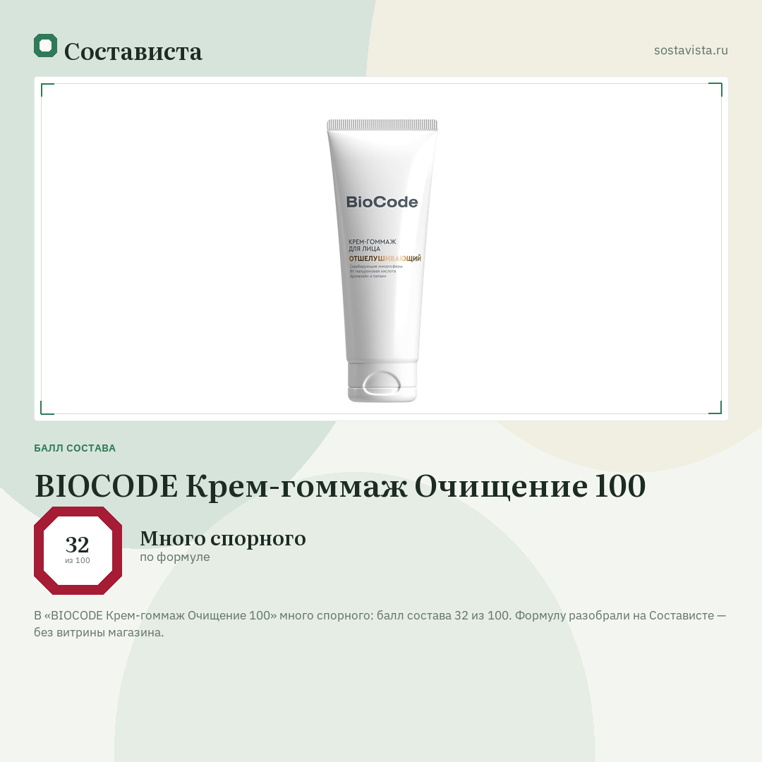 BIOCODE Крем-гоммаж Очищение 100: балл состава 32 из 100 — Состависта