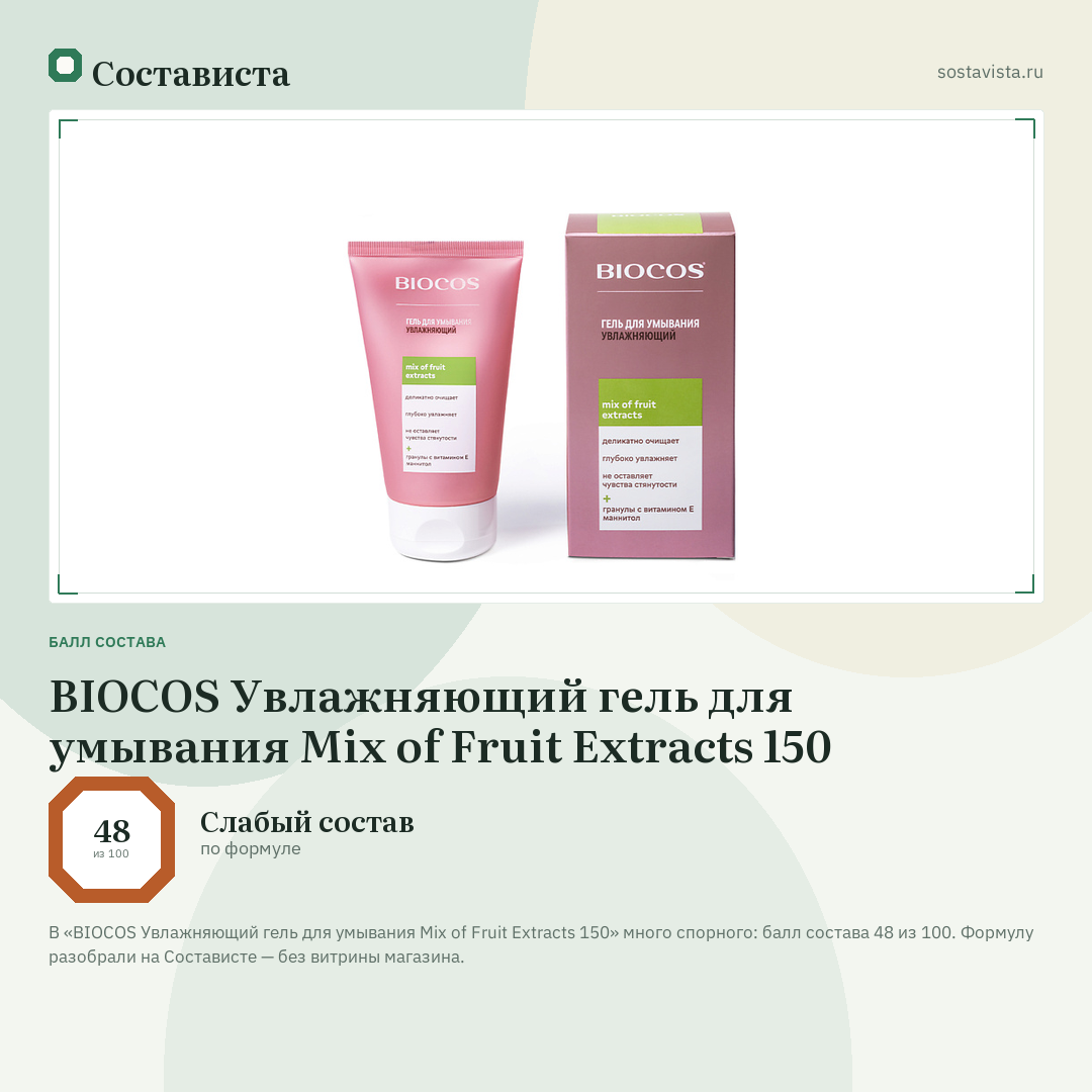 BIOCOS Увлажняющий гель для умывания Mix of Fruit Extracts 150: балл состава 48 из 100 — Состависта