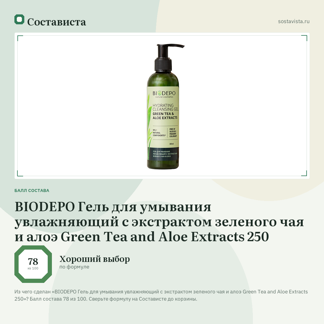 BIODEPO Гель для умывания увлажняющий с экстрактом зеленого чая и алоэ Green Tea and Aloe Extracts 250: балл состава 78 из 100 — Состависта