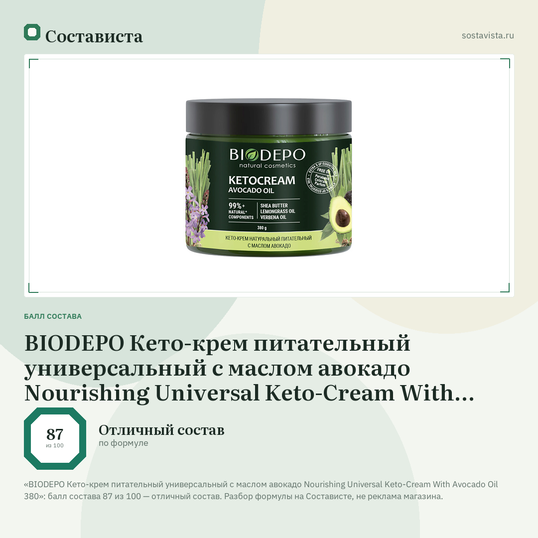 BIODEPO Кето-крем питательный универсальный с маслом авокадо Nourishing Universal Keto-Cream With Avocado Oil 380: балл состава 87 из 100 — Состависта