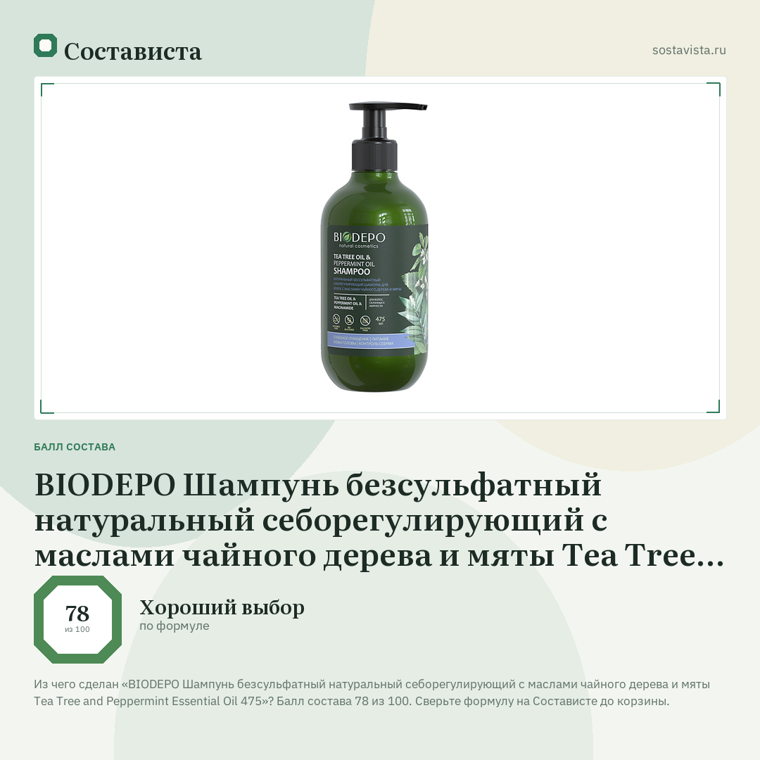 BIODEPO Шампунь безсульфатный натуральный себорегулирующий с маслами чайного дерева и мяты Tea Tree and Peppermint Essential Oil 475: балл состава 78 из 100 — Состависта