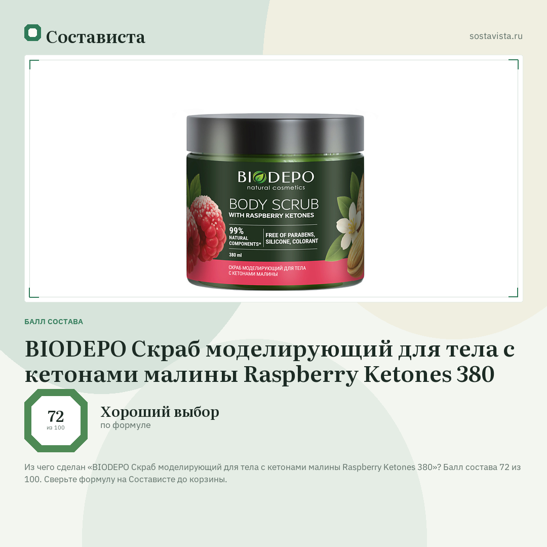 BIODEPO Скраб моделирующий для тела с кетонами малины Raspberry Ketones 380: балл состава 72 из 100 — Состависта