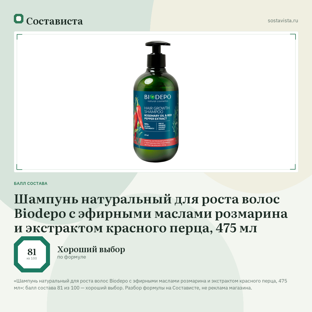Шампунь натуральный для роста волос Biodepo с эфирными маслами розмарина и экстрактом красного перца, 475 мл: балл состава 81 из 100 — Состависта
