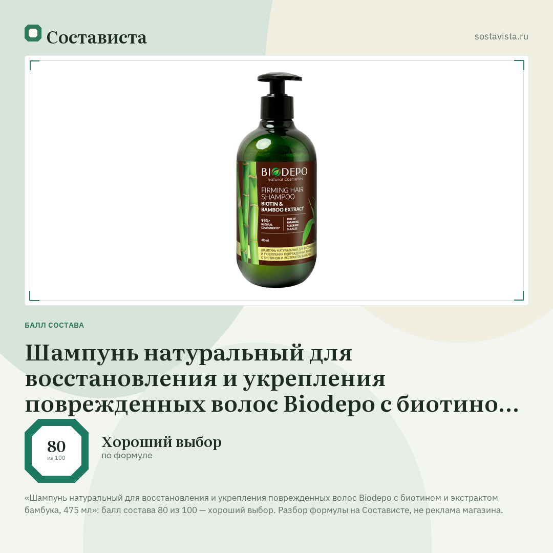 Шампунь натуральный для восстановления и укрепления поврежденных волос Biodepo с биотином и экстрактом бамбука, 475 мл: балл состава 80 из 100 — Состависта