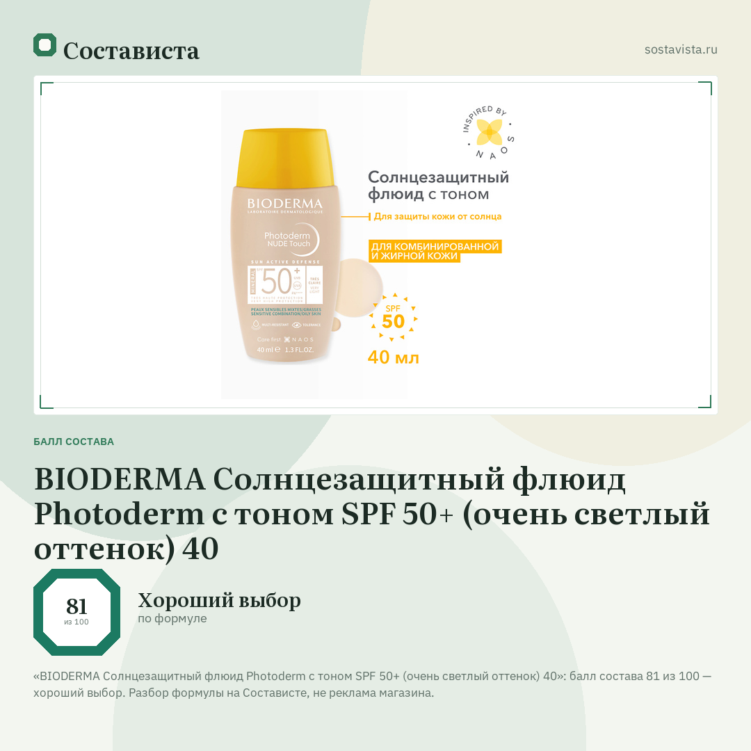 BIODERMA Cолнцезащитный флюид Photoderm с тоном SPF 50+ (очень светлый оттенок) 40: балл состава 81 из 100 — Состависта