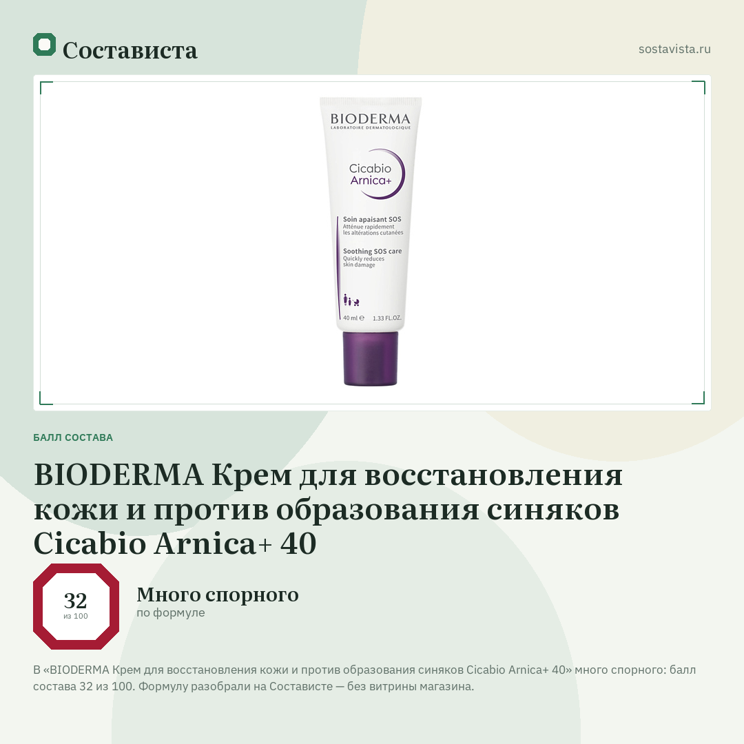 BIODERMA Крем для восстановления кожи и против образования синяков Cicabio Arnica+ 40: балл состава 32 из 100 — Состависта