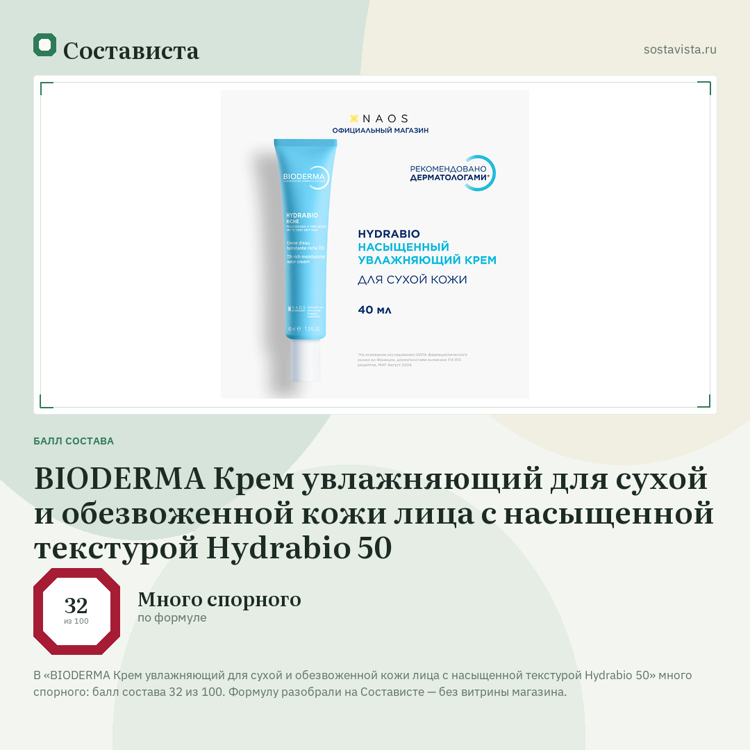 BIODERMA Крем увлажняющий для сухой и обезвоженной кожи лица с насыщенной текстурой Hydrabio 50: балл состава 32 из 100 — Состависта