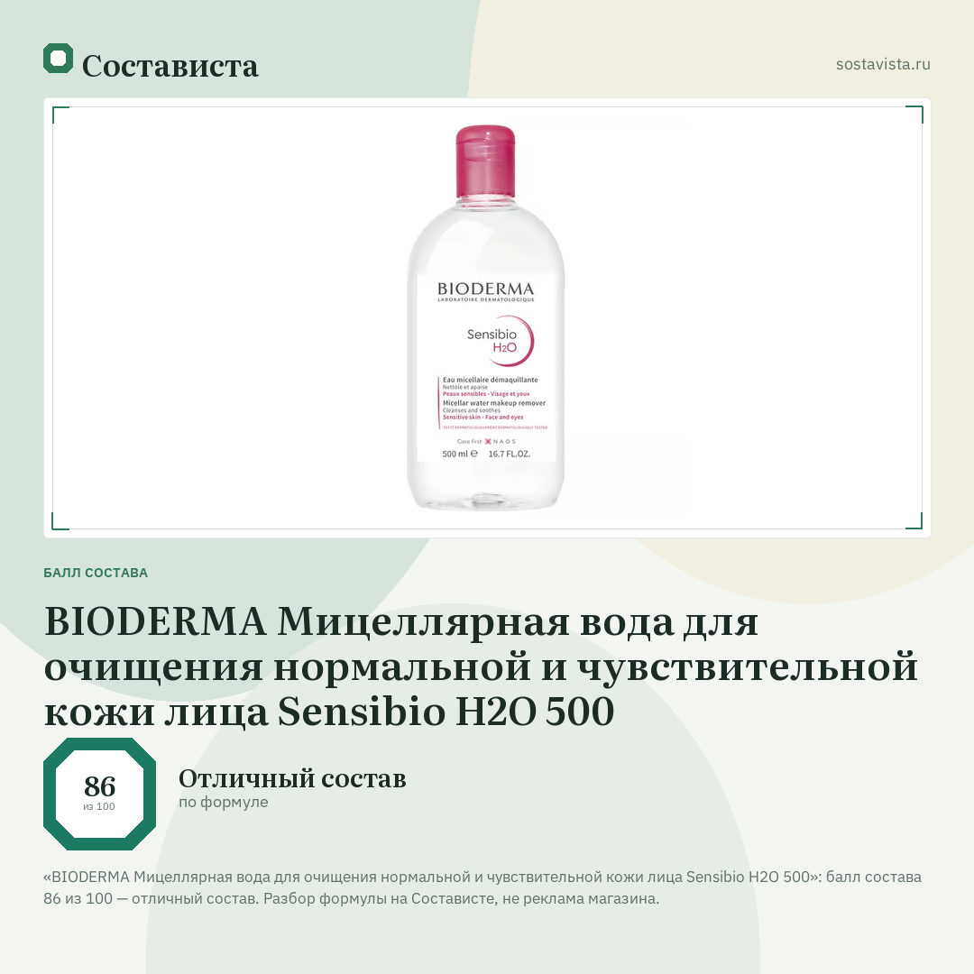 BIODERMA Мицеллярная вода для очищения нормальной и чувствительной кожи лица Sensibio H2O 500: балл состава 86 из 100 — Состависта