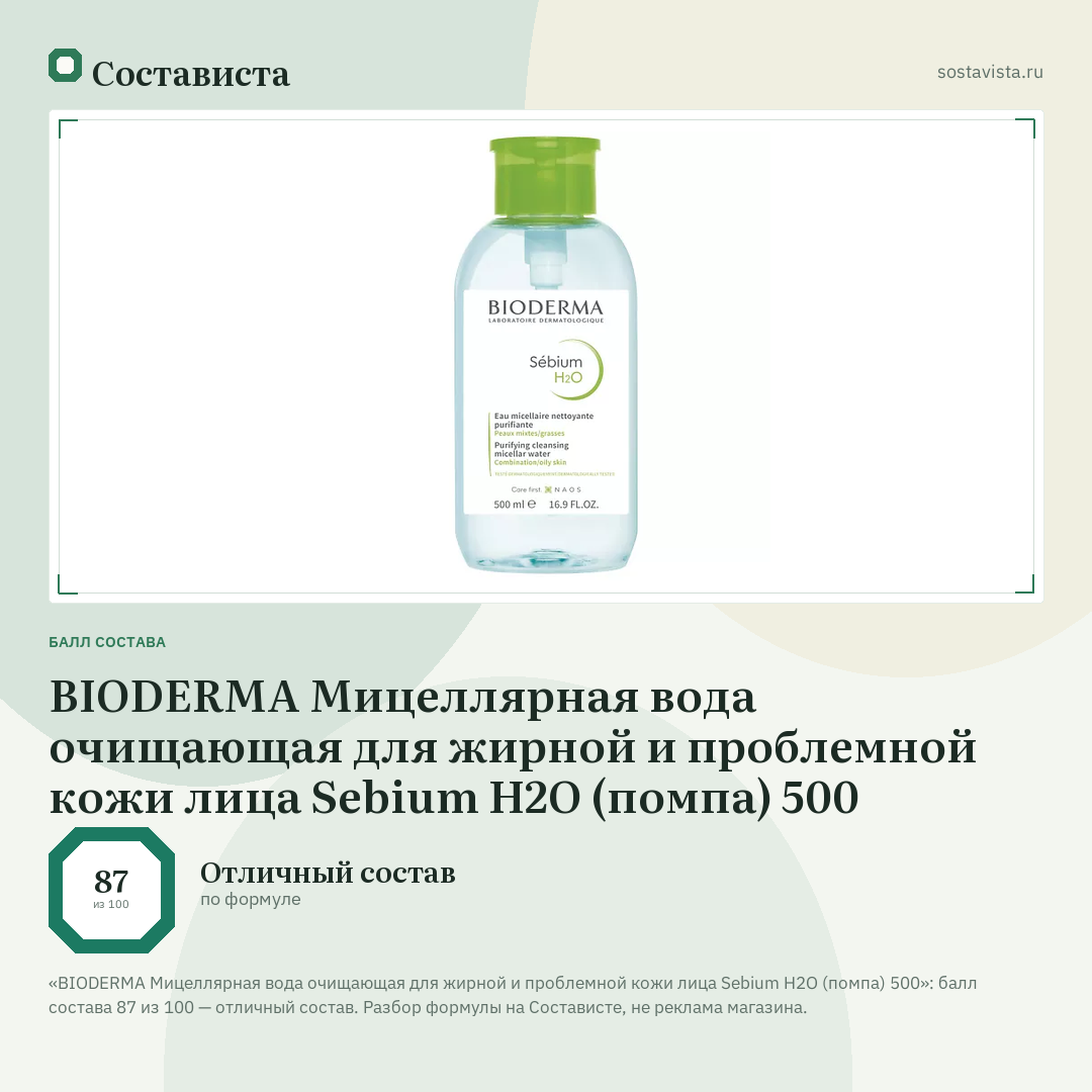 BIODERMA Мицеллярная вода очищающая для жирной и проблемной кожи лица Sebium H2O (помпа) 500: балл состава 87 из 100 — Состависта