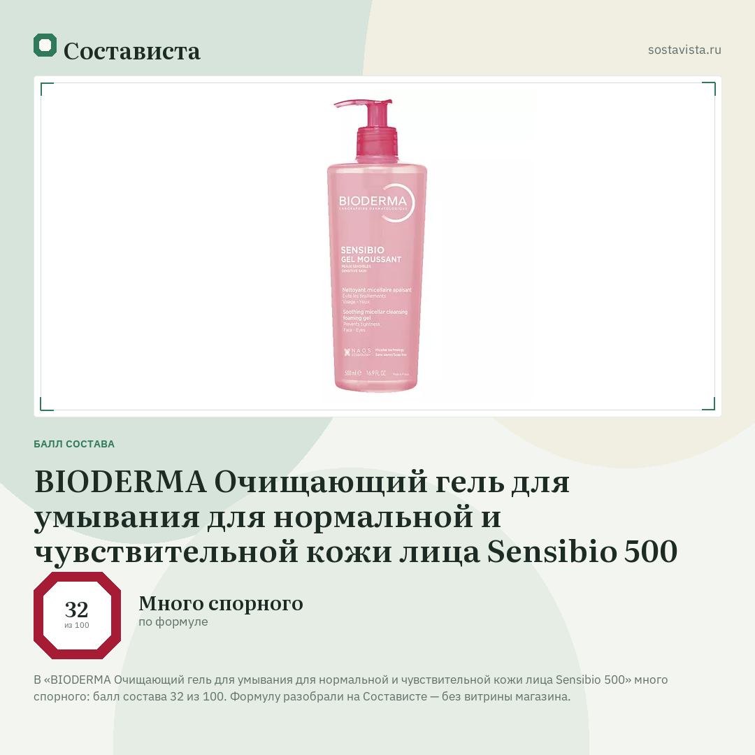 BIODERMA Очищающий гель для умывания для нормальной и чувствительной кожи лица Sensibio 500: балл состава 32 из 100 — Состависта