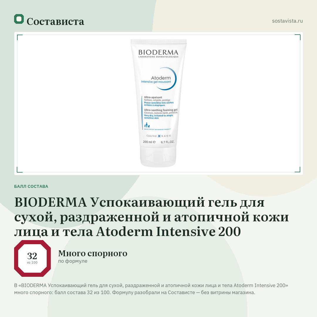 BIODERMA Успокаивающий гель для сухой, раздраженной и атопичной кожи лица и тела Atoderm Intensive 200: балл состава 32 из 100 — Состависта