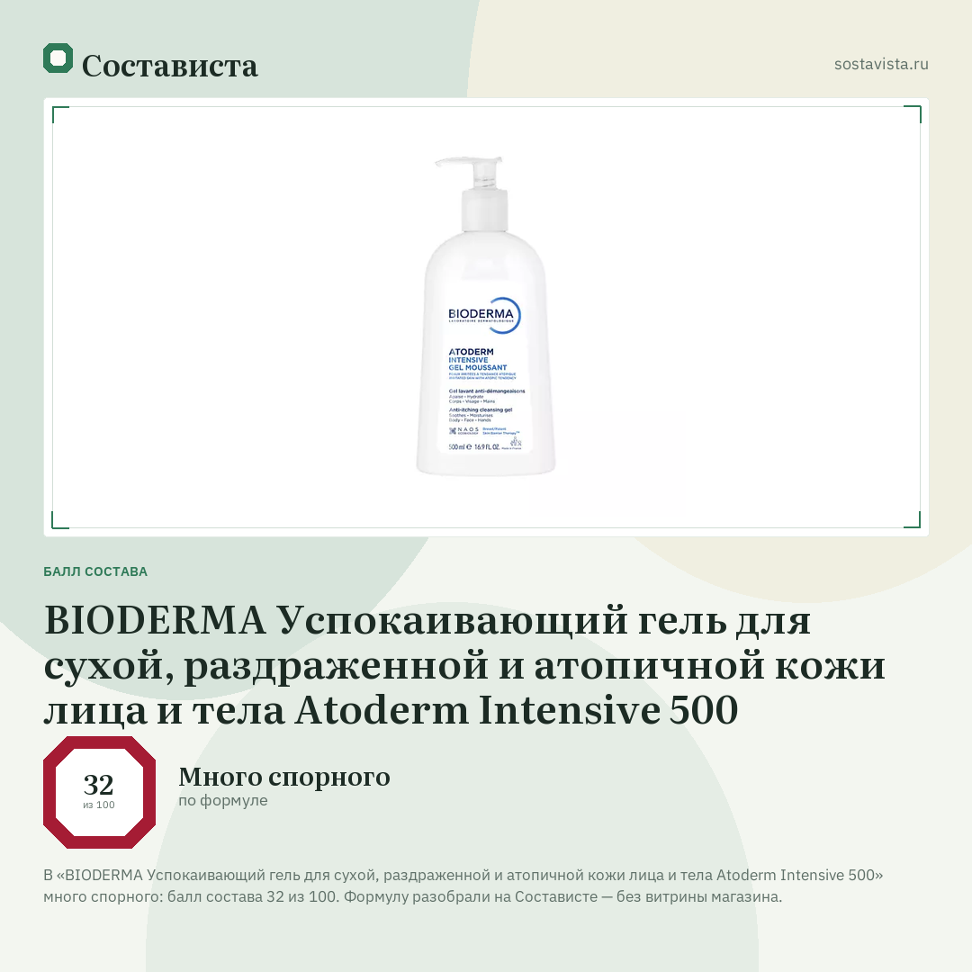 BIODERMA Успокаивающий гель для сухой, раздраженной и атопичной кожи лица и тела Atoderm Intensive 500: балл состава 32 из 100 — Состависта