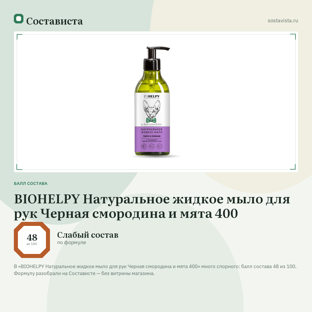 BIOHELPY Натуральное жидкое мыло для рук Черная смородина и мята 400: балл состава 48 из 100 — Состависта