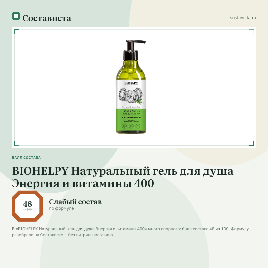 BIOHELPY Натуральный гель для душа Энергия и витамины 400: балл состава 48 из 100 — Состависта