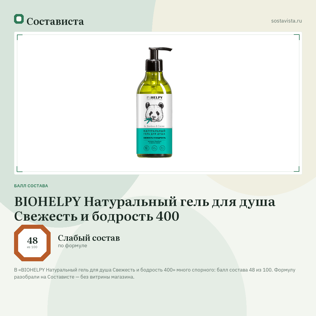 BIOHELPY Натуральный гель для душа Свежесть и бодрость 400: балл состава 48 из 100 — Состависта