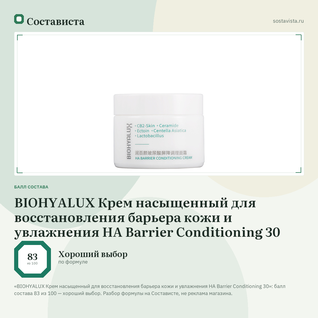 BIOHYALUX Крем насыщенный для восстановления барьера кожи и увлажнения HA Barrier Conditioning 30: балл состава 83 из 100 — Состависта