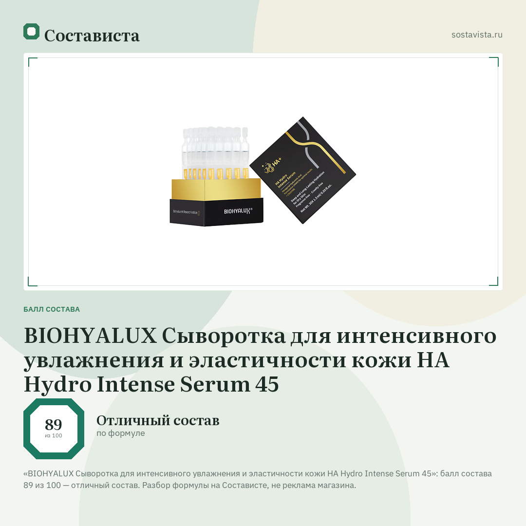 BIOHYALUX Сыворотка для интенсивного увлажнения и эластичности кожи HA Hydro Intense Serum 45: балл состава 89 из 100 — Состависта