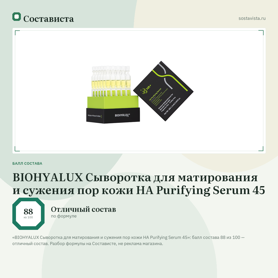 BIOHYALUX Сыворотка для матирования и сужения пор кожи HA Purifying Serum 45: балл состава 88 из 100 — Состависта