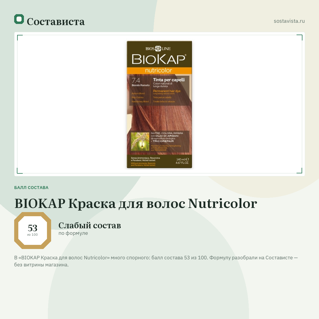 BIOKAP Краска для волос Nutricolor: балл состава 53 из 100 — Состависта
